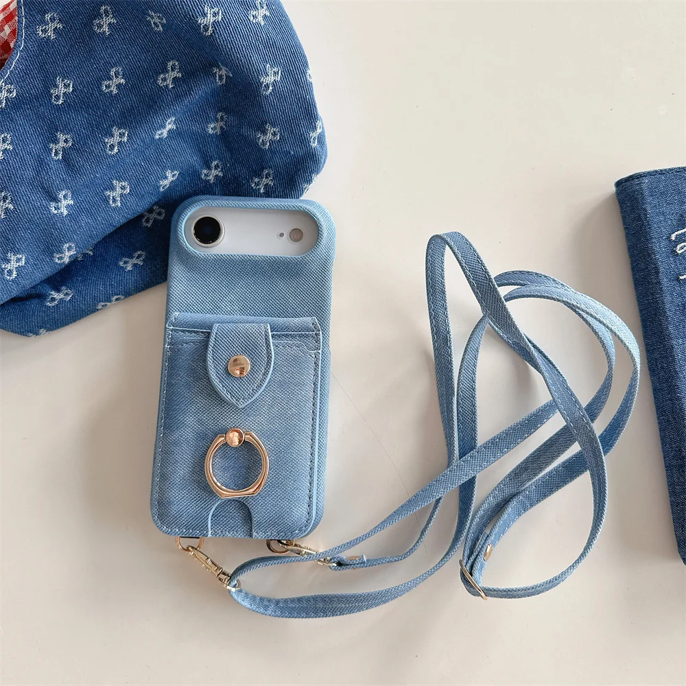 

Cowboy Leather Ring Wallet Crossbody Card Slot Phone Case for iPhone 17 Air 16E 15 14 Plus 13 12 Pro Max Mirror Protective Cover