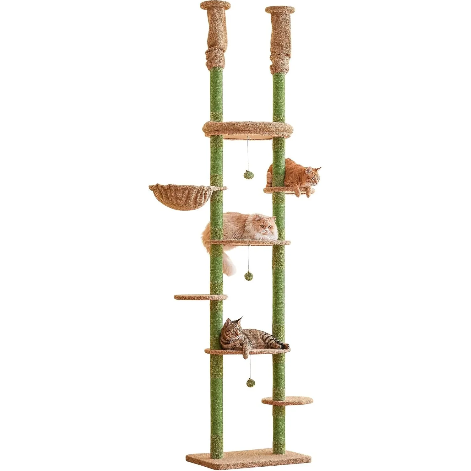 Green Cat Tree, Floor to Ceiling Cat Tower Adjustable Height [92-102 Inches=234-258cm], 7 Tiers Cat Climbing Tree with Hammock