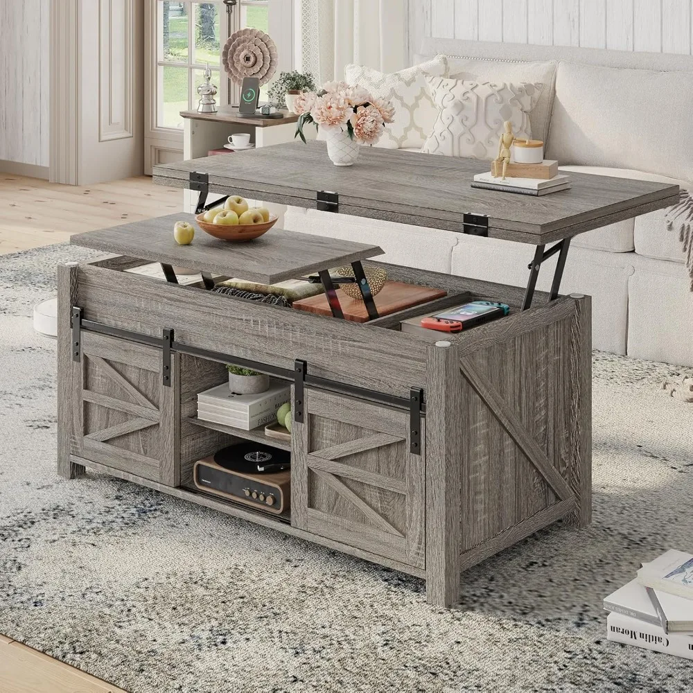 

Living Room Lift Up Coffee Table with 4 Sliding Barn Doors, 4 in 1 Farmhouse Coffee Table with Adjustable Shelves