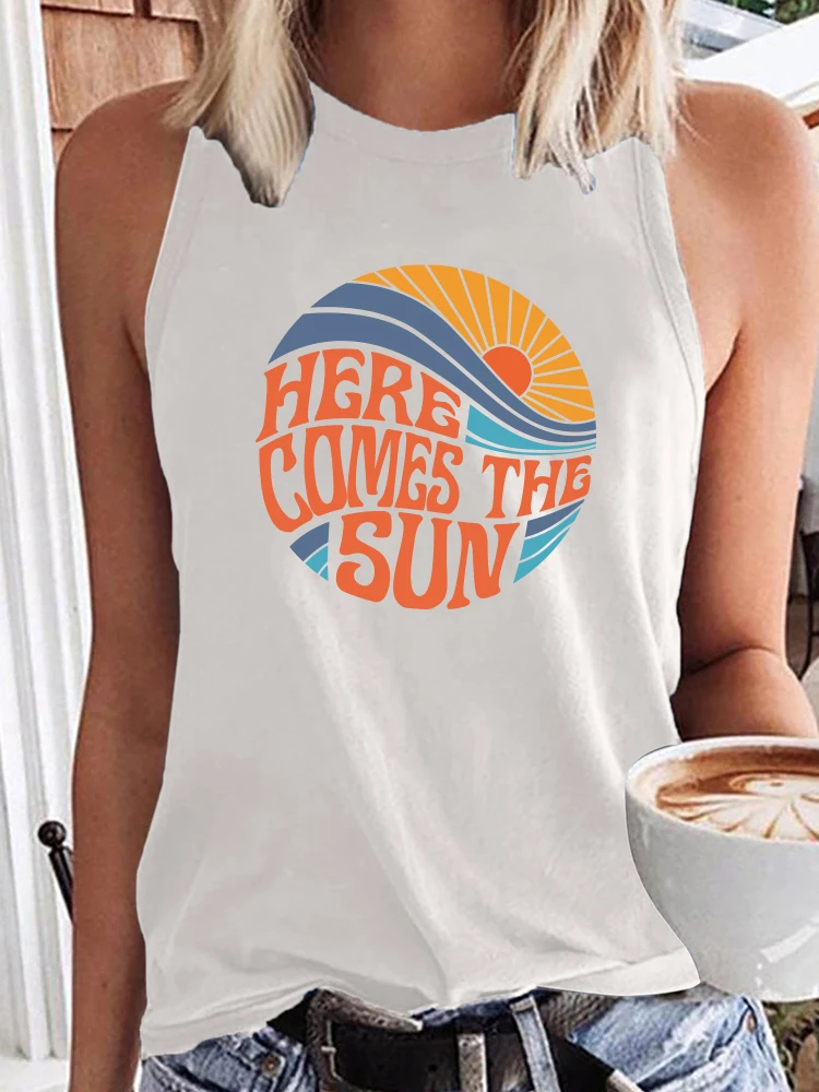 Seeyoushy Here Comes The Sun Printed Funny Women T Shirt Sleeveless ONeck Summer T Shirt Femme Clothes Vintage Graphic Tees Tops