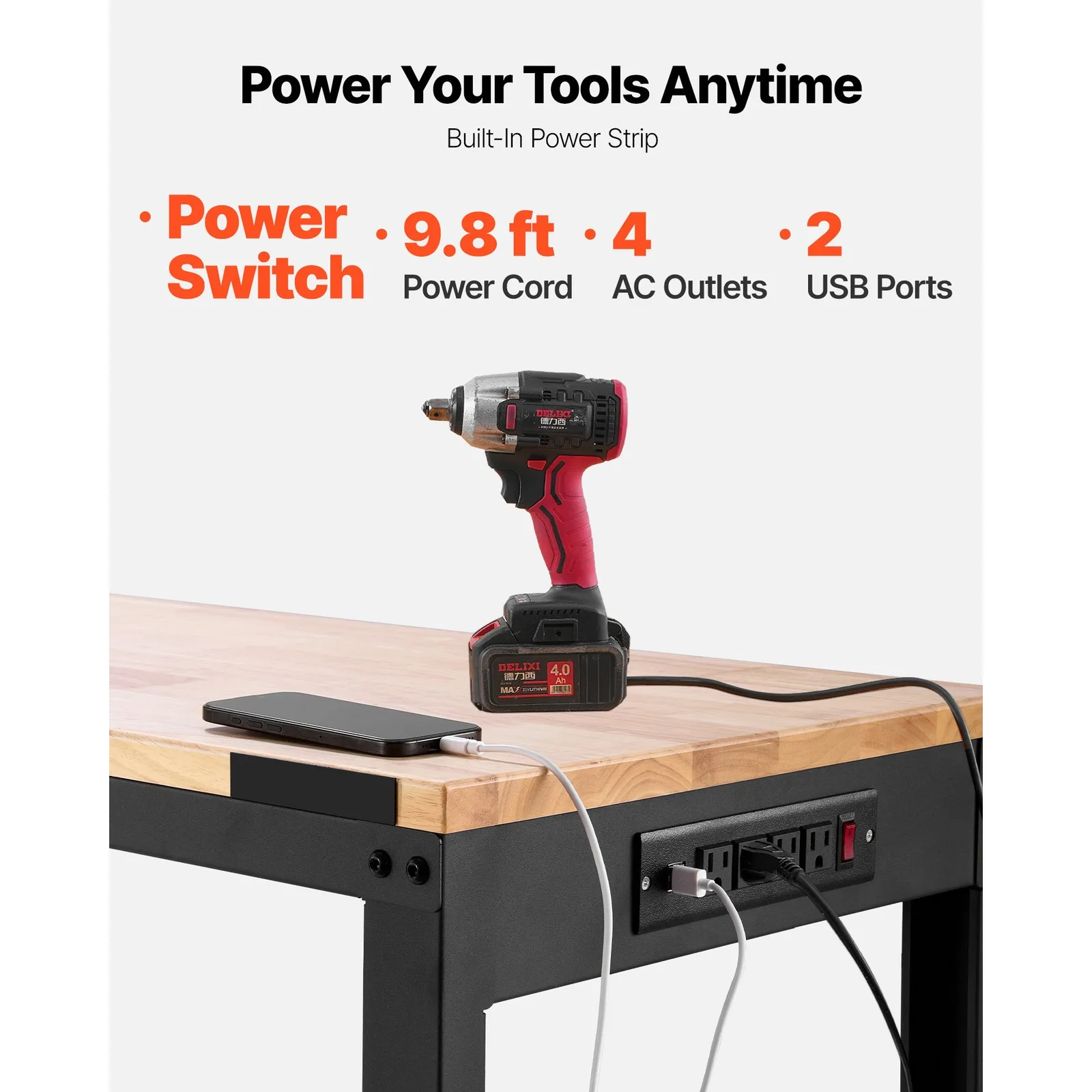 Uimoso Adjustable Height Workbench 61"L x 20"W Work Bench Table w/ Power Outlets
