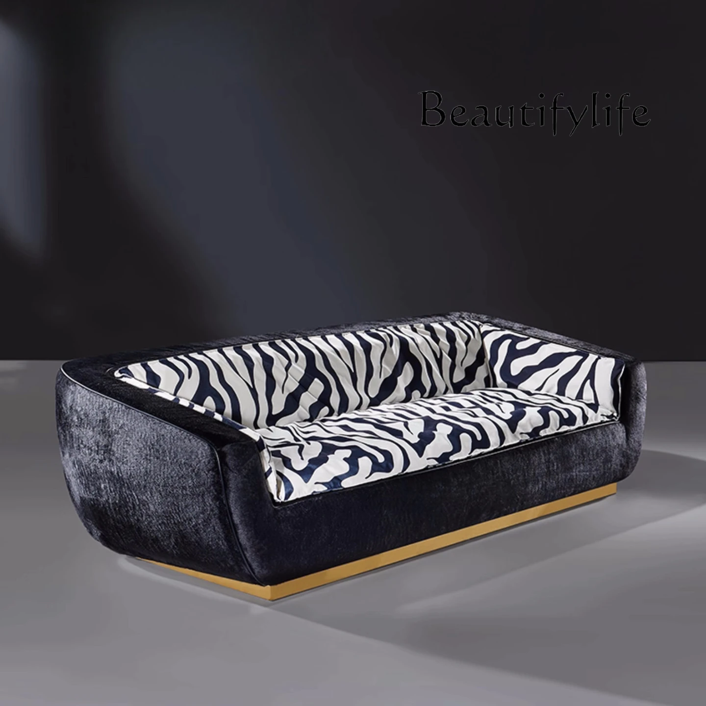 

Nordic medieval black and white pattern fabric sofa light luxury villa large flat living room three-person sofa