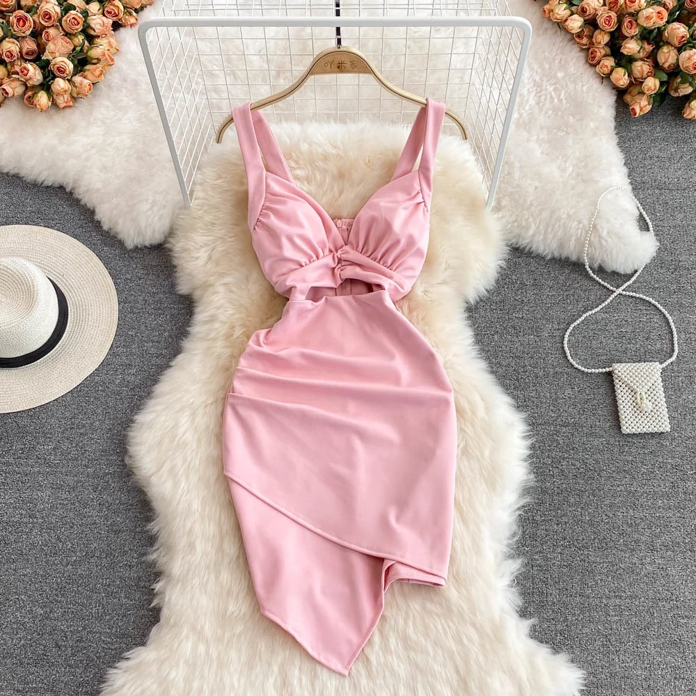 

2024 Summer New Sexy V-neck Pink Slip Dress Girl Waist Hollow Out Irregular Women Backless Sleeveless Short Work Office Dress