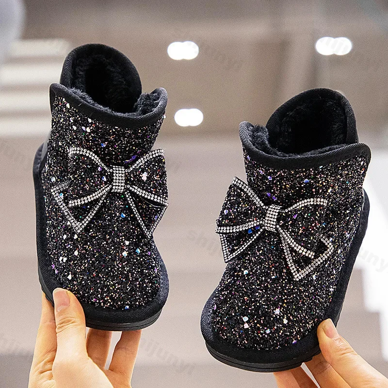 Fashion Rhinestone Sequins Girls Snow Boots Kids Princess Children Winter Cotton Plush Glitter Boots with Bow Classic Ankle Boot