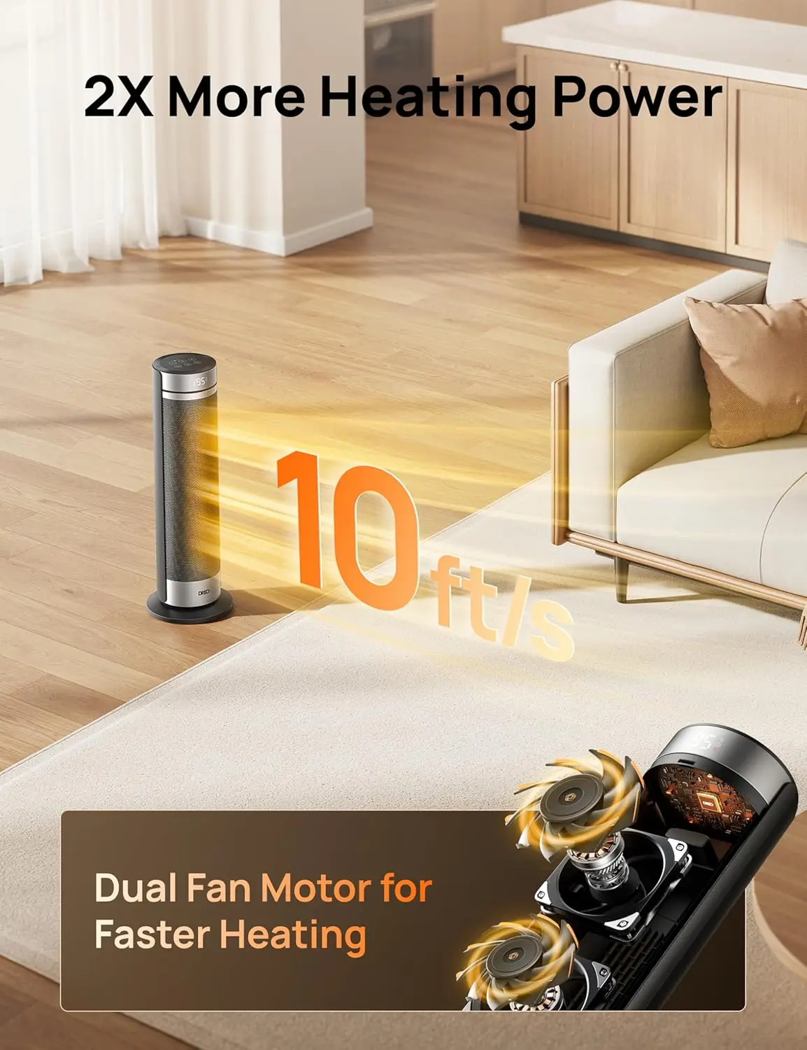 Space Heater for Large Room, 23 Inch Electric Heaters for Indoor Use, 8 Safe Protection Tower, 70° Oscillation, PTC Ceramic