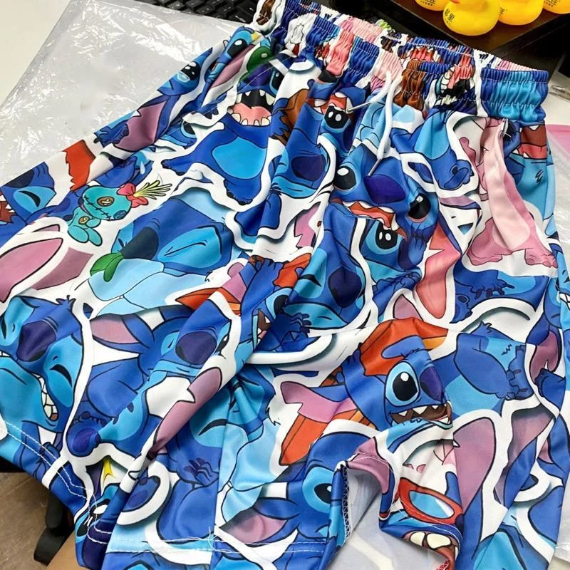 Disney Stitch Cartoon Sport Shorts Men\'s Summer Loose Home Pajama Pants Fashion Couple Seaside Vacation Beach Pant Swimsuit Male