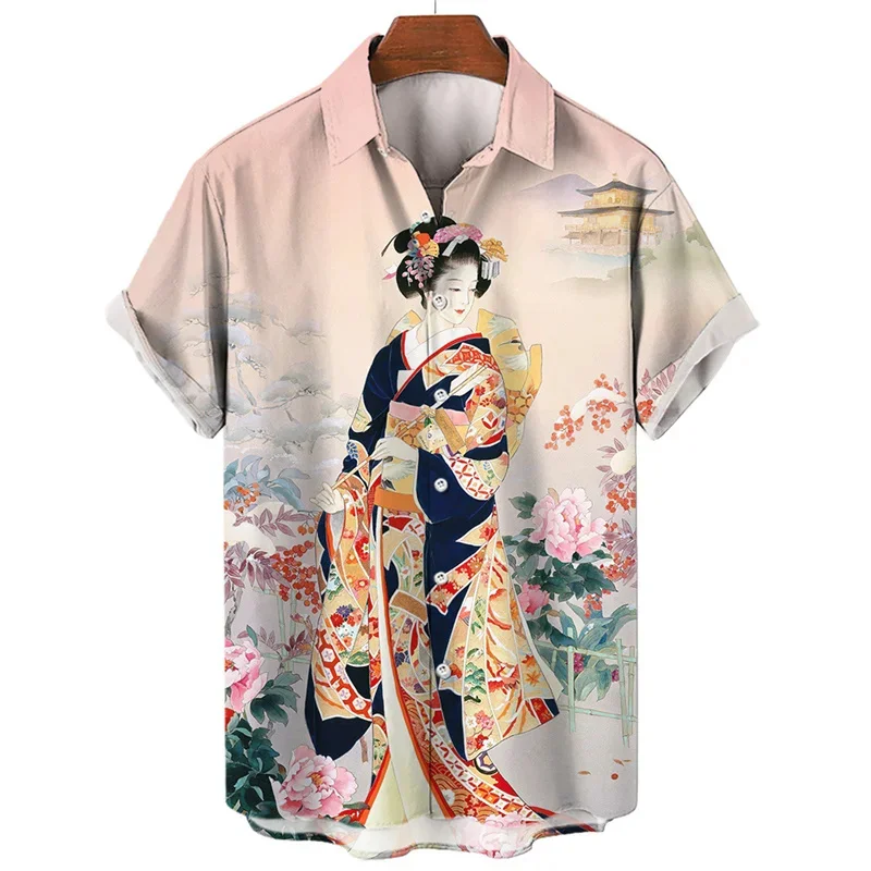 3D Printed Geisha Hawaiian Shirt For Men Japanese Pattern Blouse Summer Casual Oversized Short Sleeve Aloha Shirts Lapel Tops