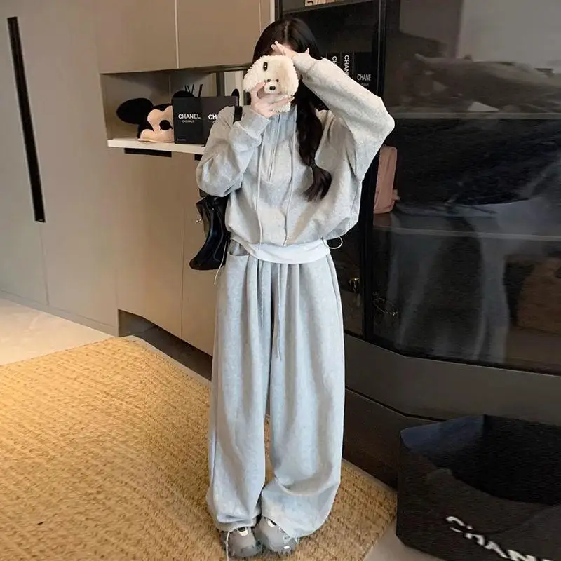 Conjunto de dos piezas de pantalones de pierna ancha, sudadera coreana Sle College Wind para principios de otoño, conjunto completo combinado de sistema de sal clete