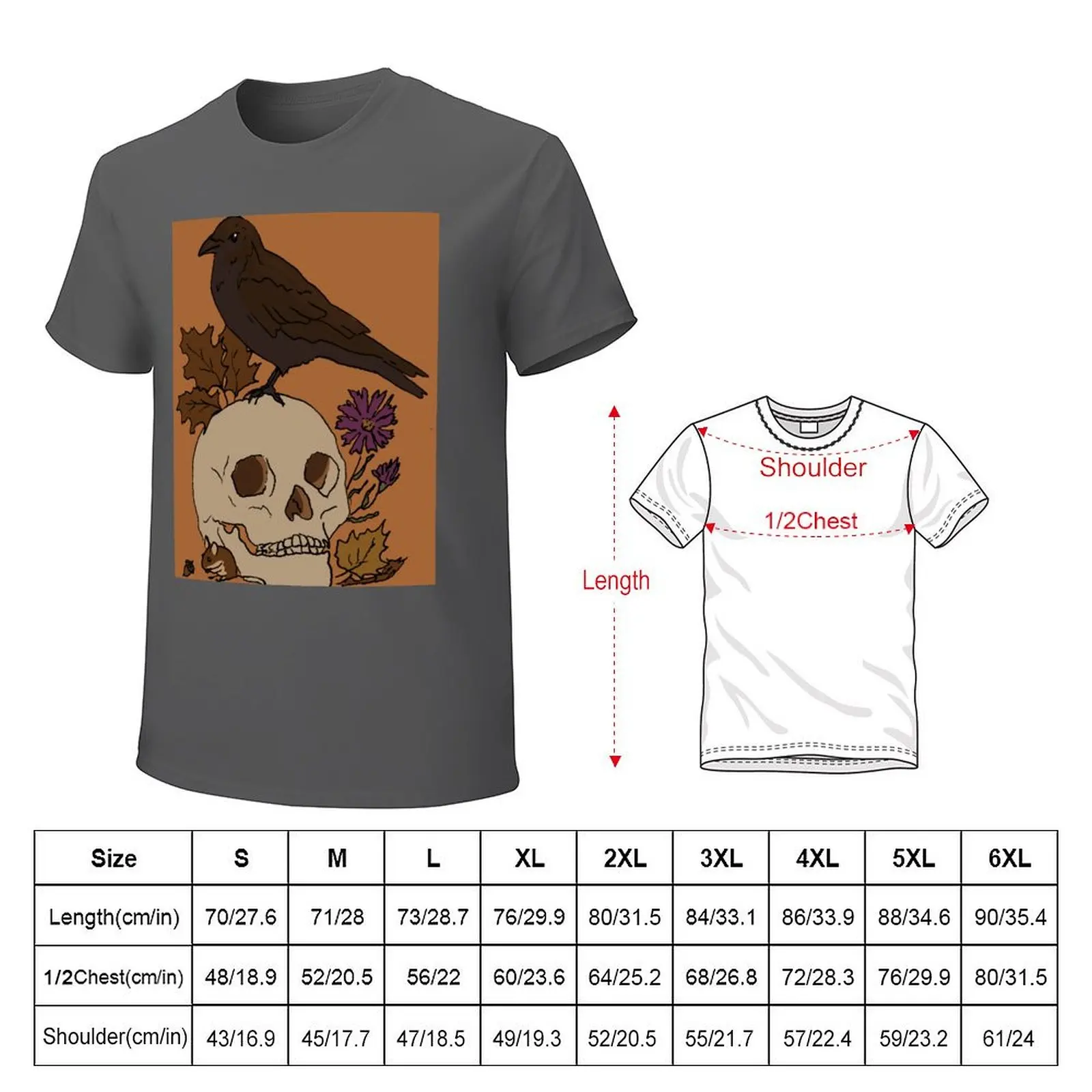 Fall Crow with Skull and Mouse Drawing T-Shirt tops vintage clothes anime clothes t shirts for men pack