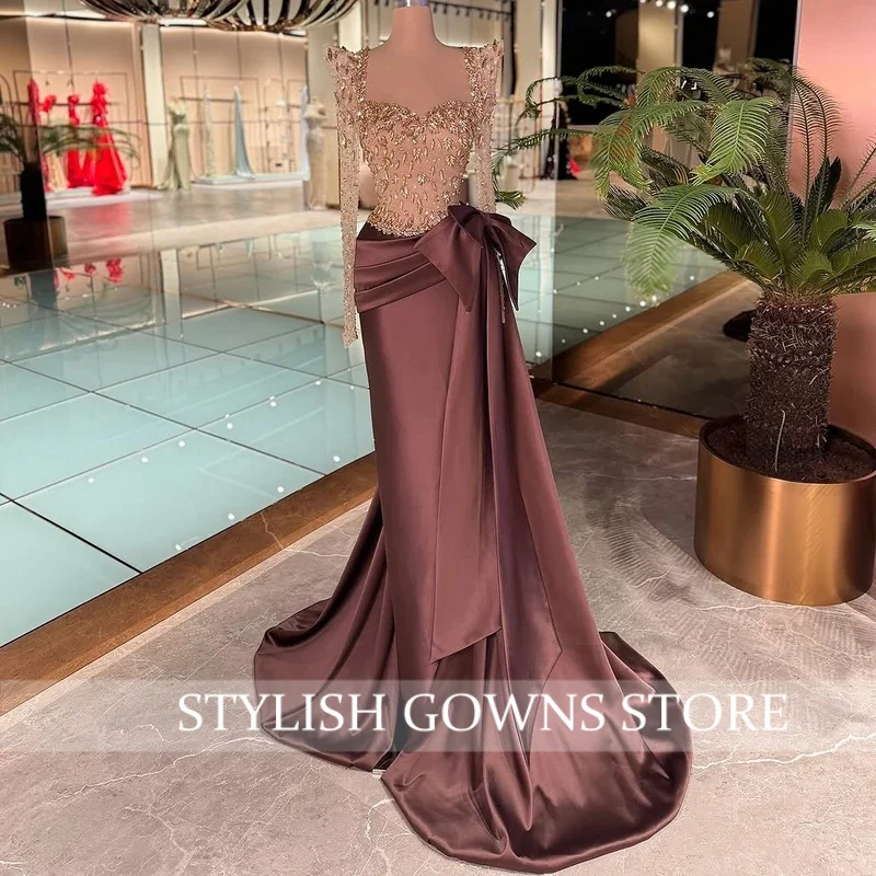 Solene arco design vestido de noite manga longa querida formal vestido de baile cetim cristais contas vestido de festa de casamento personalizado