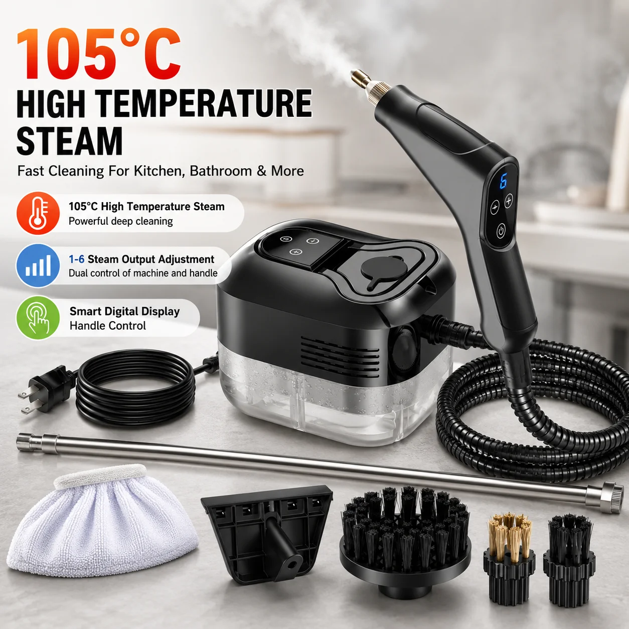 Handheld High Pressure Steam Cleaner High Temperature Multi Surface Cleaning Machine With Smart Control For Kitchen Car Sofa Window Tile Mirror