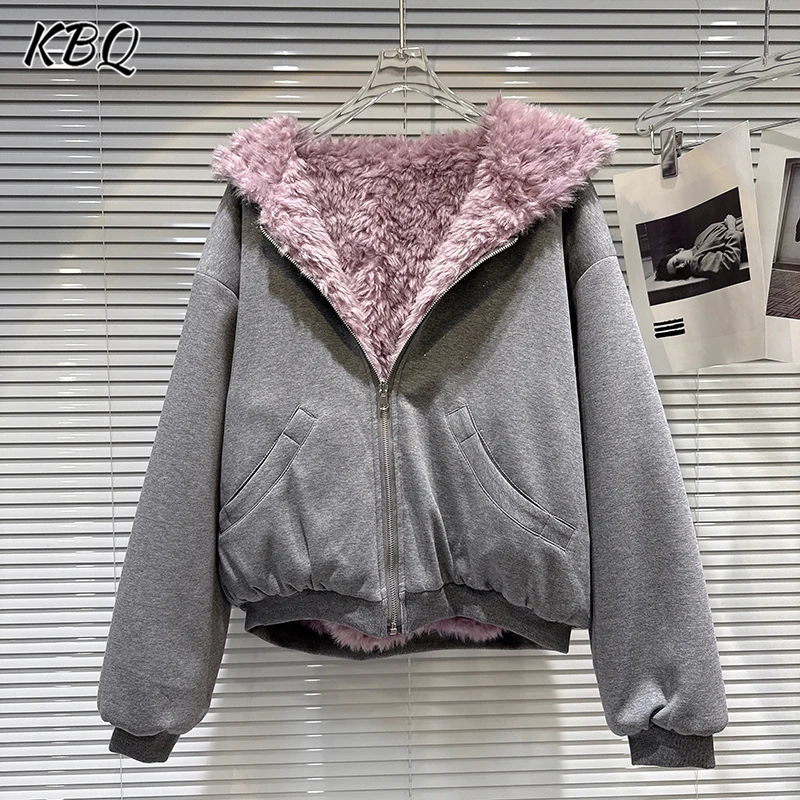 

KBQ Two Way Wearable Fleece Hoodie for Warmth Female Hoodede Long Sleeve Spliced Zipper Coat for Women Fashion Winter Style New