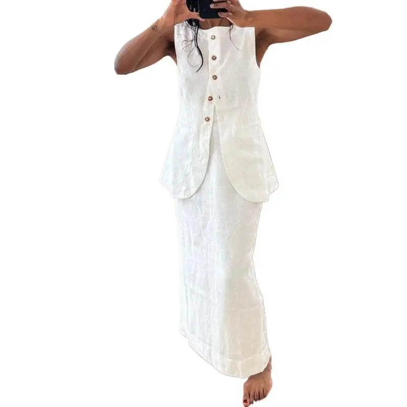 

Women's 2 Piece Set Elegant White Sleeveless Square Collar Skirt Fashionable Casual Wear Cotton Polyester Blend Summer Outfit