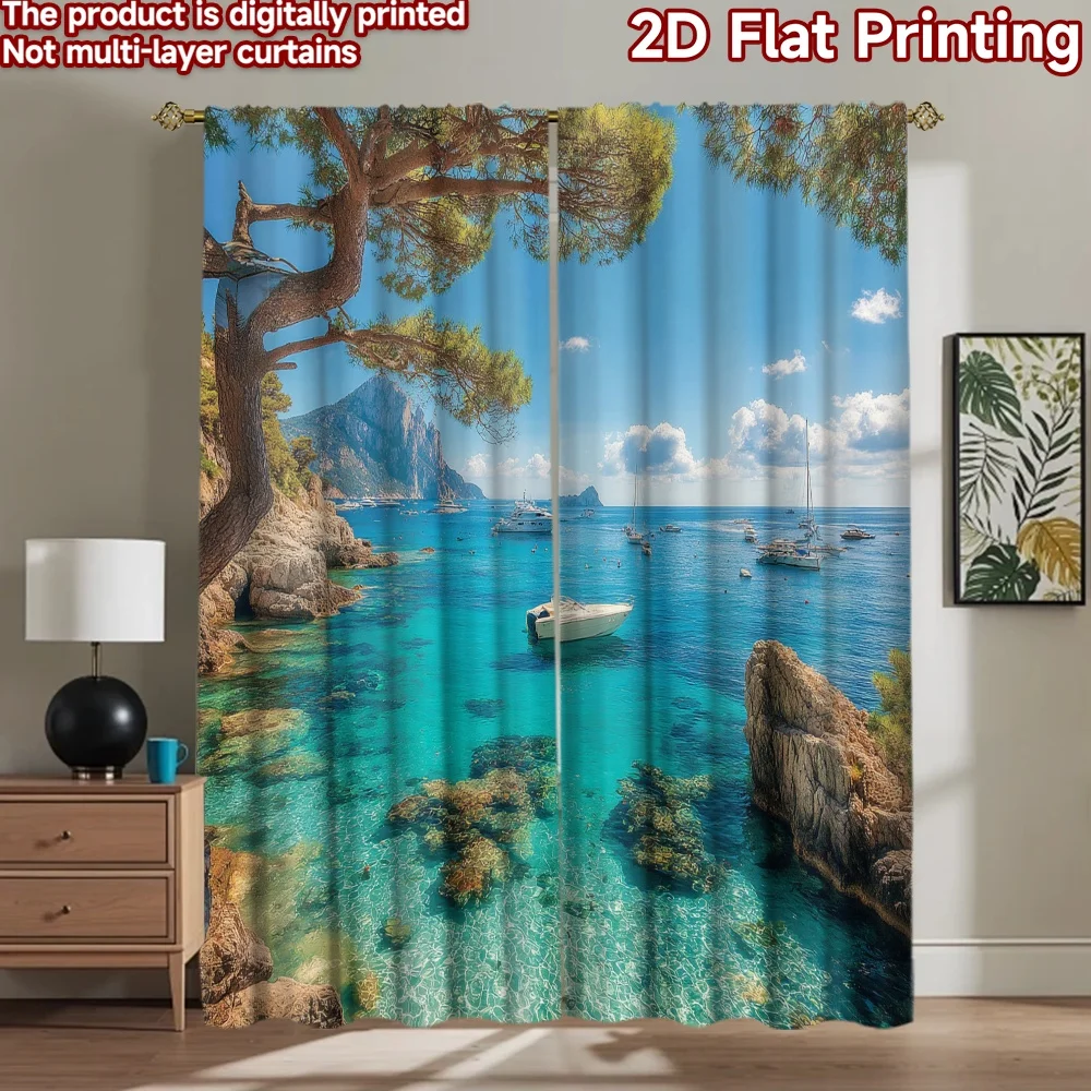 2D flat printing 2pcs Drapes Beautiful Ocean Boat Rocks Trees Digital Printed Polyester Drapes Party Decorations for Art Party