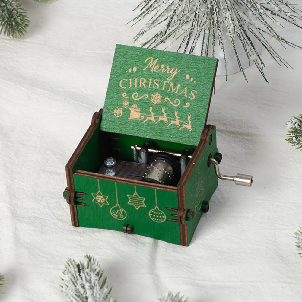 Christmas Hand Crank Music Boxs Wood 3.5*2.3*1.9inch Christmas Decoration Music Box Portable Hand Crank Ornaments