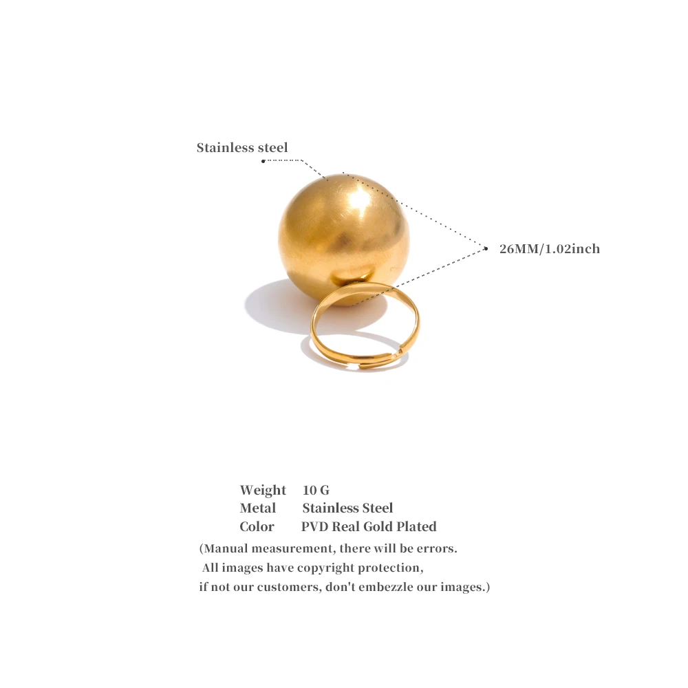 Yhpup Stilvoller, einzigartiger Edelstahl-Ring, 26 mm, große Kugel, verstellbar, 18 Karat Goldfarbe, wasserdicht, personalisierter Fingerschmuck, Geschenk – Detail 6