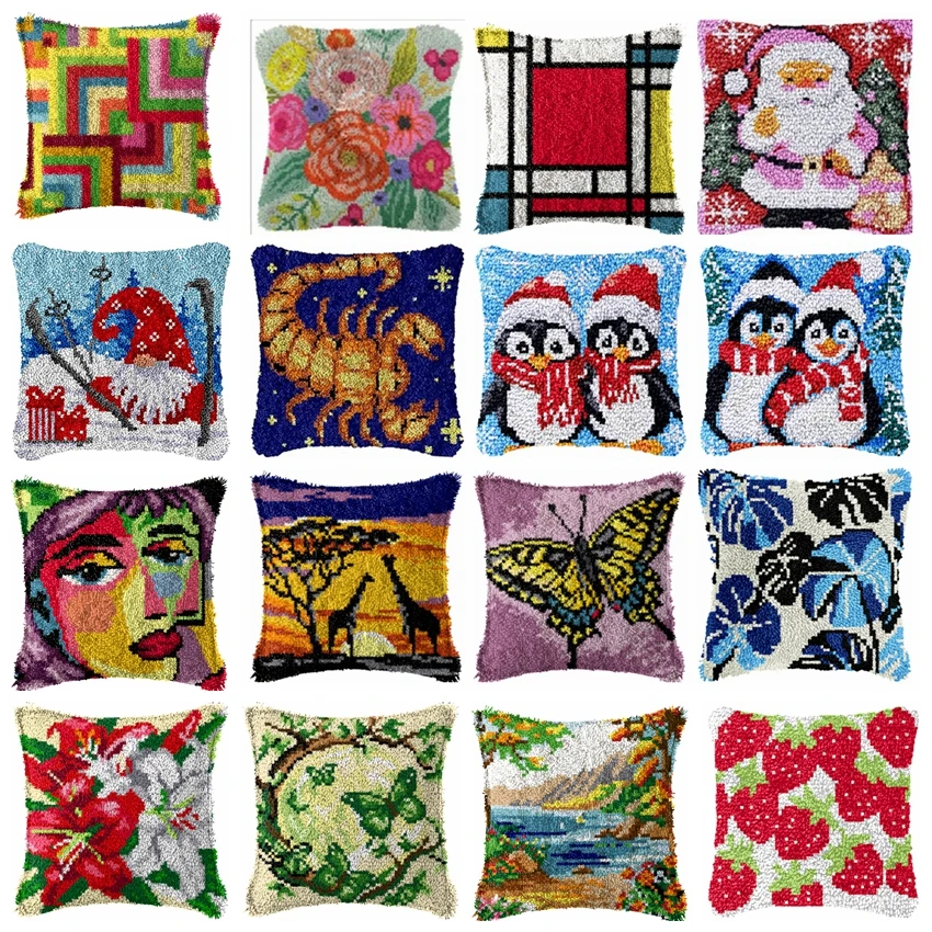

DIY Flower Hand Knitted Embroidered Cushion Cover Unfinished Pillow Embroidery kits Material Latch Hook Penguin Embroidered Pill