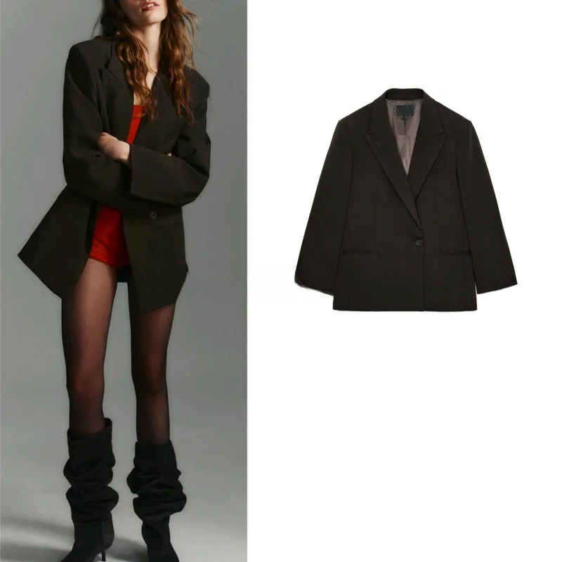 

Winter New Women's French Sle Long Sve Turn-down Collar Padded oulder Loose Double-breasted Suit Jaet Polyester Fiber