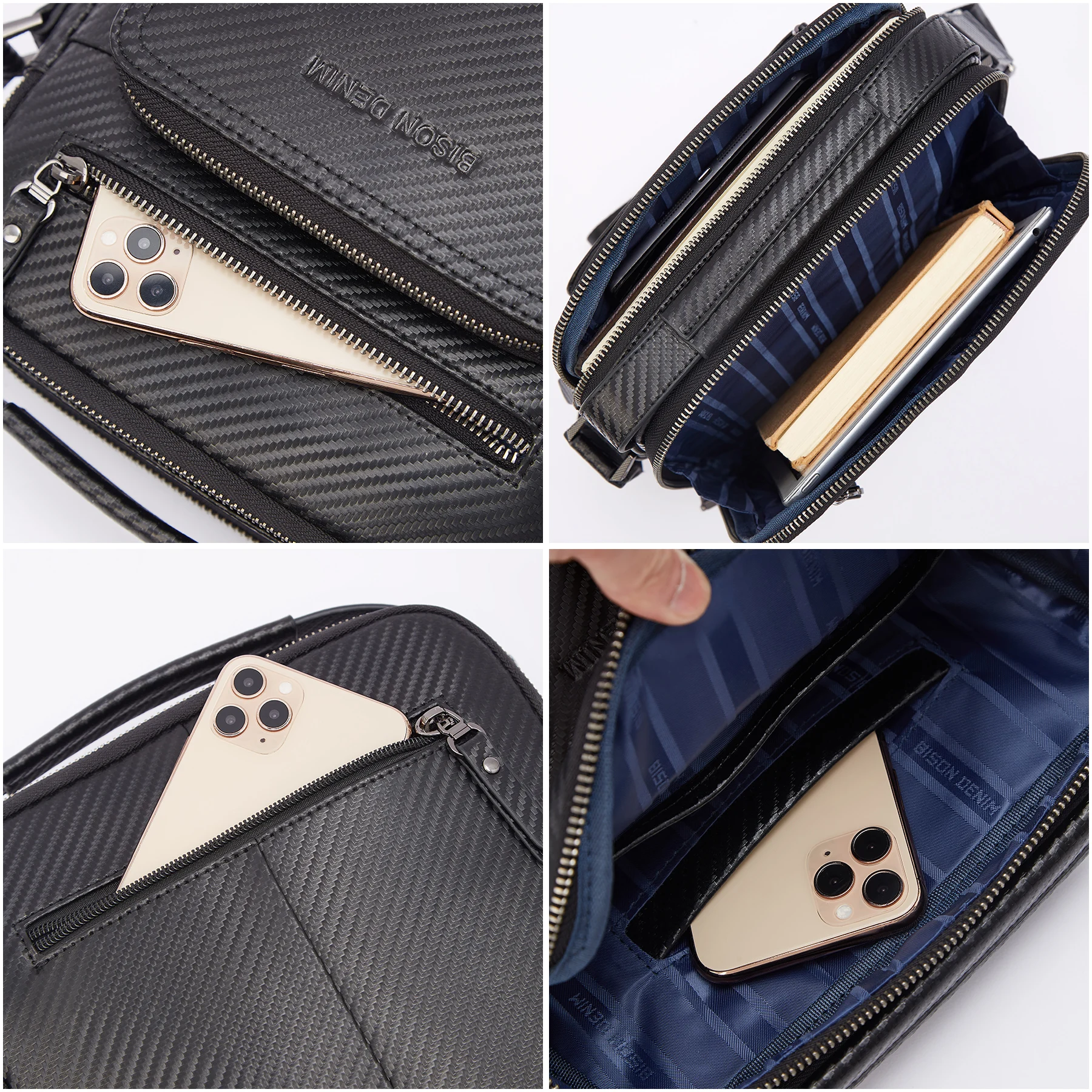 BISON DENIM Carbon Fiber Messenger Bag Men Casual Cowhide Leather Shoulder Crossbody Bag Gift Designer Handbags