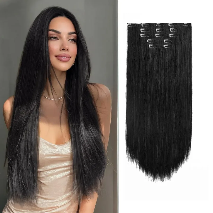 مقاطع تمديد الشعر الأسود الطبيعي 26 بوصة طويلة غير مرئية مستقيمة سميكة الاصطناعية كليب في ملحقات للنساء حفل زفاف D #1