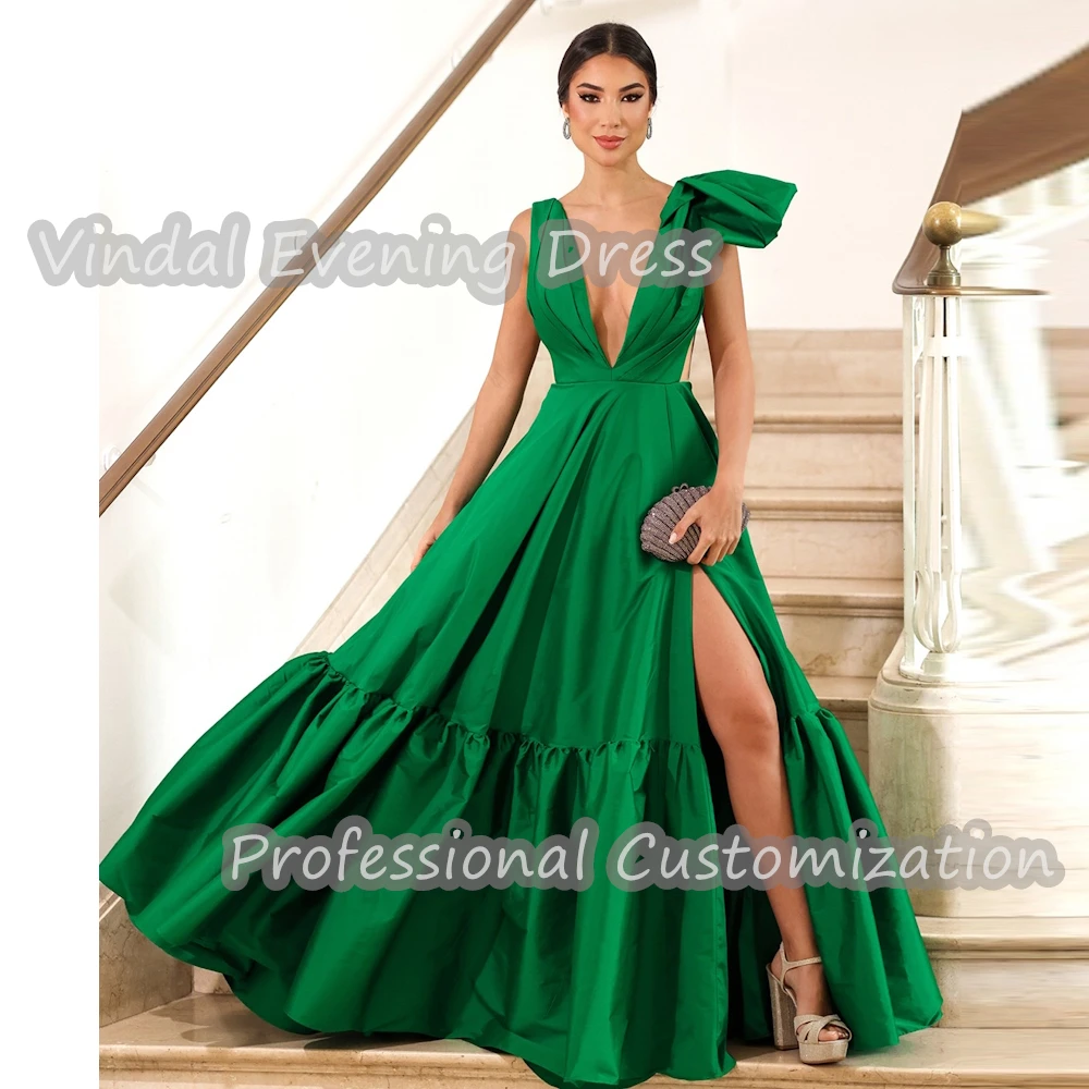 

Vindal Prom Dress A-Line V-Neck Floor Length luxurious Satin Ruffle Built-in Bra Elegant Sexy Sleeveless Saudi For Woman 2024