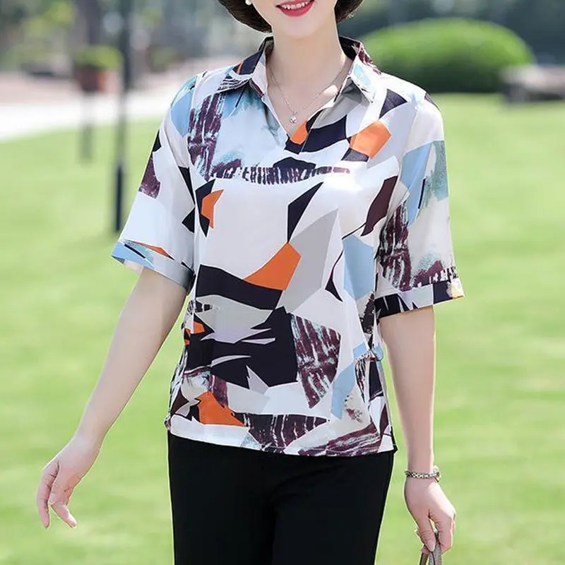 2023 Casual Turn-down Collar Fashion Printed Shirt Summer Loose Short Sleeve Women\'s Clothing All-match Commute Spliced Blouse