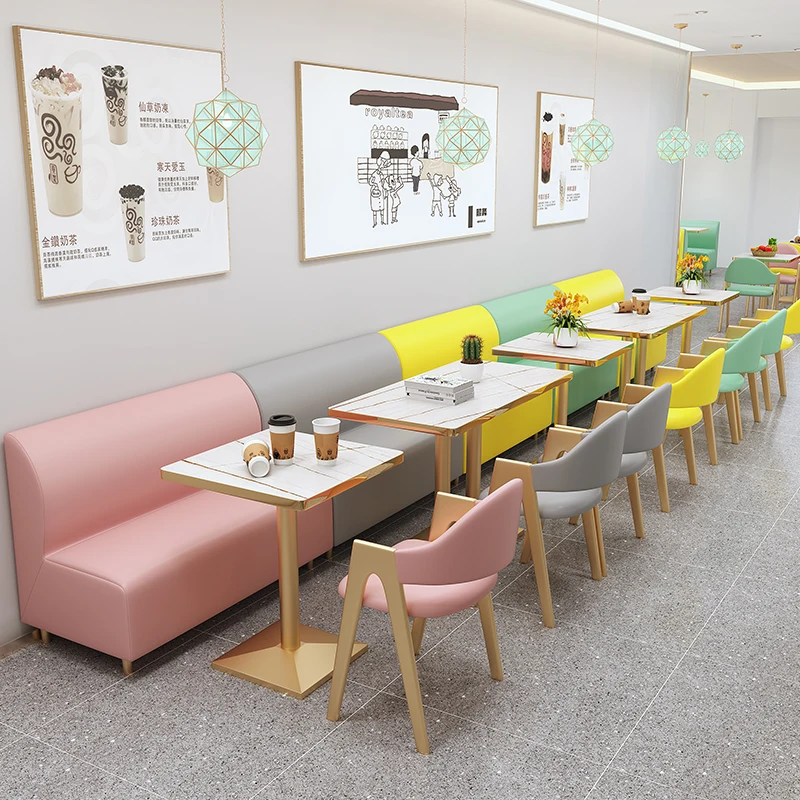 Modern Restaurant Cafe pink Booth Sofa Coffee Shop Golden Metal Chairs and Marble Table Bench Seating Furniture Set