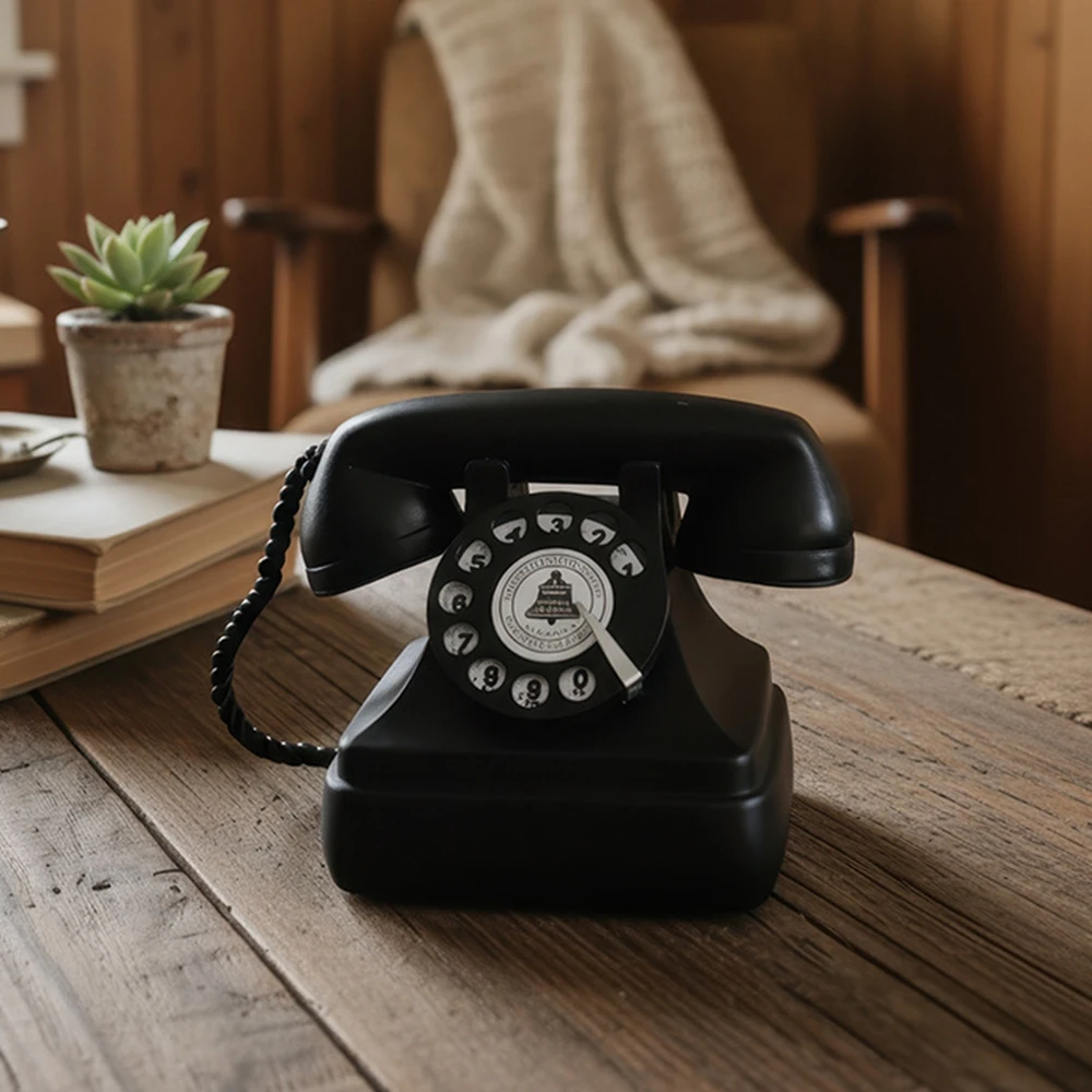 Vintage Rotary Telephone Model Black Retro Landline Phone Decorative Figurine for Home Office Cafe Bar Desk Ornament Gift