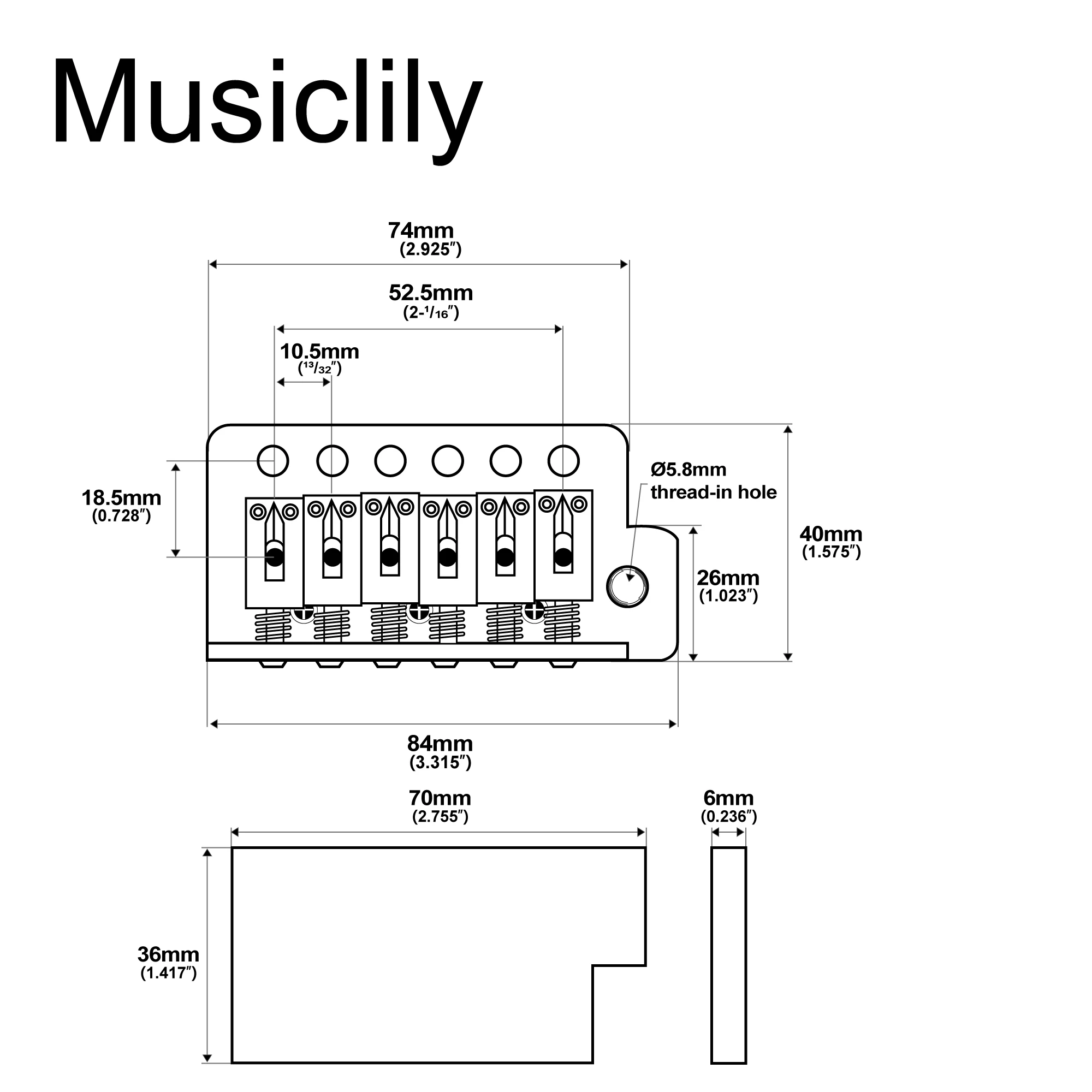 Musiclily Basic 52.5mm(2-1/16 inch) Guitar Tremolo Bridge for ST Style Electric Guitar