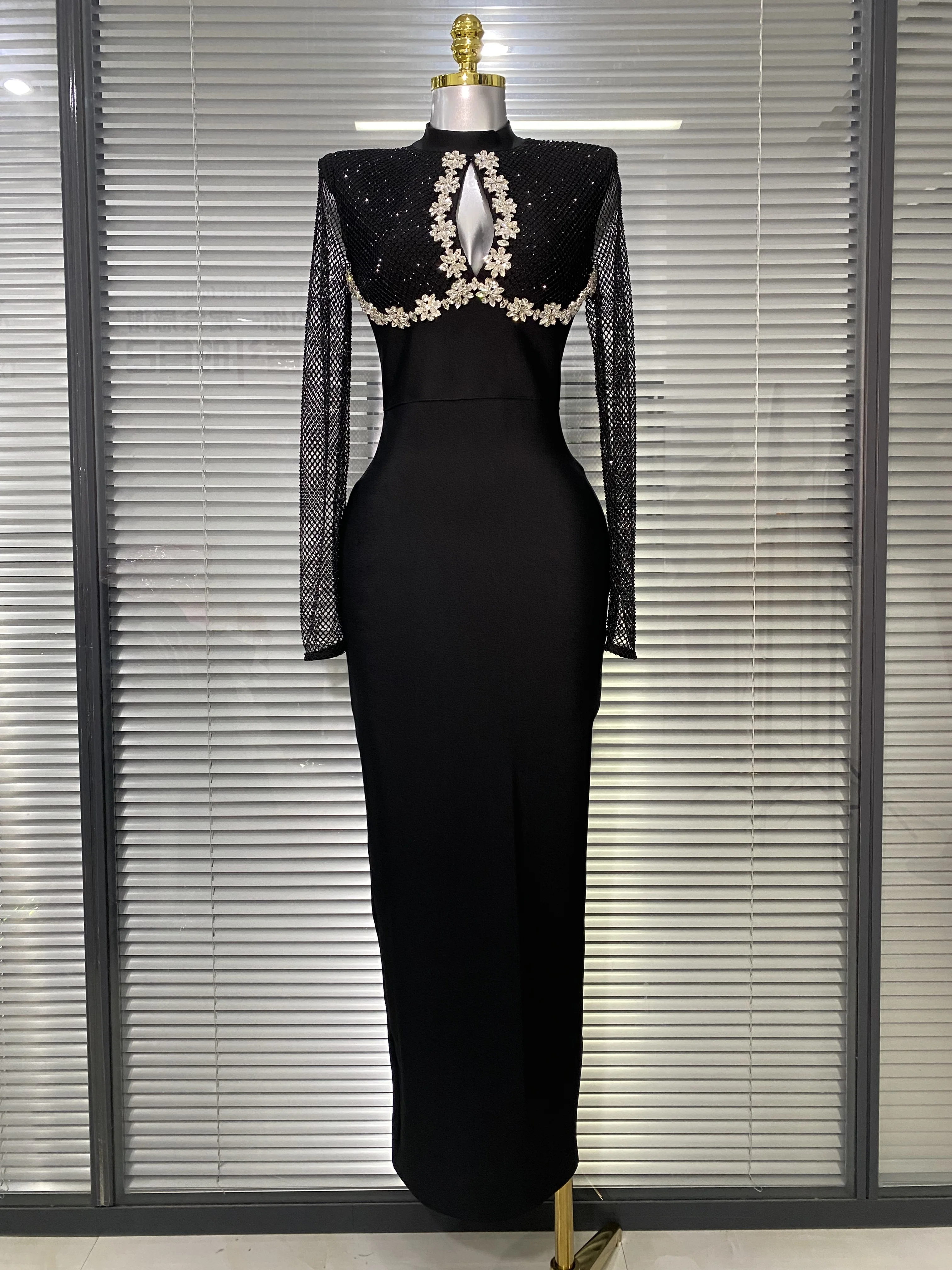 

Luxury Women Sexy Sparkly Diamonds Long Sleeve Maxi Bandage Celebrity Birthday Dress Party Outfit Prom Gowns Vestido