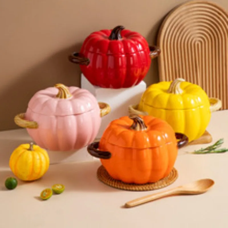 Creative Pumpkin Bowl Ceramic Pumpkin Clay Pot Oven Safe Pot with Lid and Handle, Perfect for Thanksgiving and Halloween