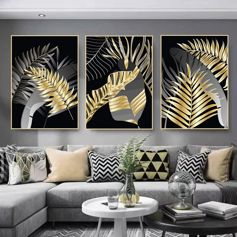 

Nordic Abstract Grey Golden Leaves Canvas Painting Modern Wall Art Poster and Prints Cuadros Modular Picture For Home Decor