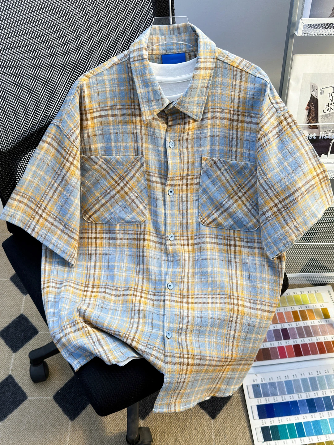 

Летняя свободная рубашка в клетку с коротким рукавом для пар, модная брендовая повседневная верхняя одежда в американском стиле для молодежи с открытыми плечами