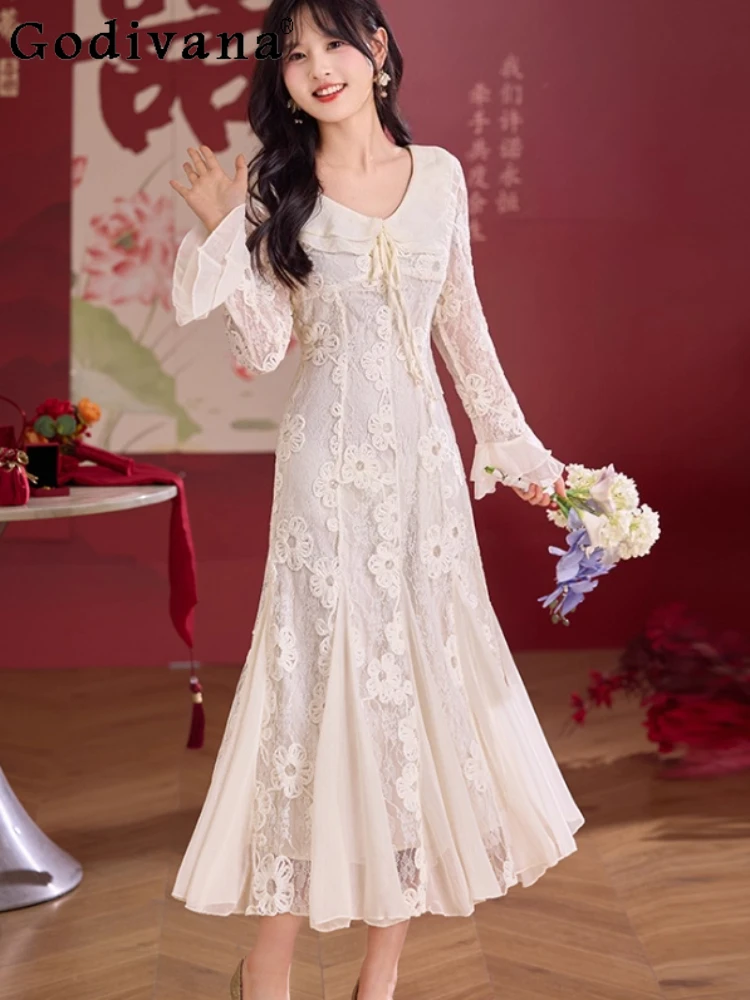 

Autumn New Sweet Peter Pan Collar White Long Sleeve Dress Temperament Slim Versatile Elegant Lace Banquet Party Daily Dresses