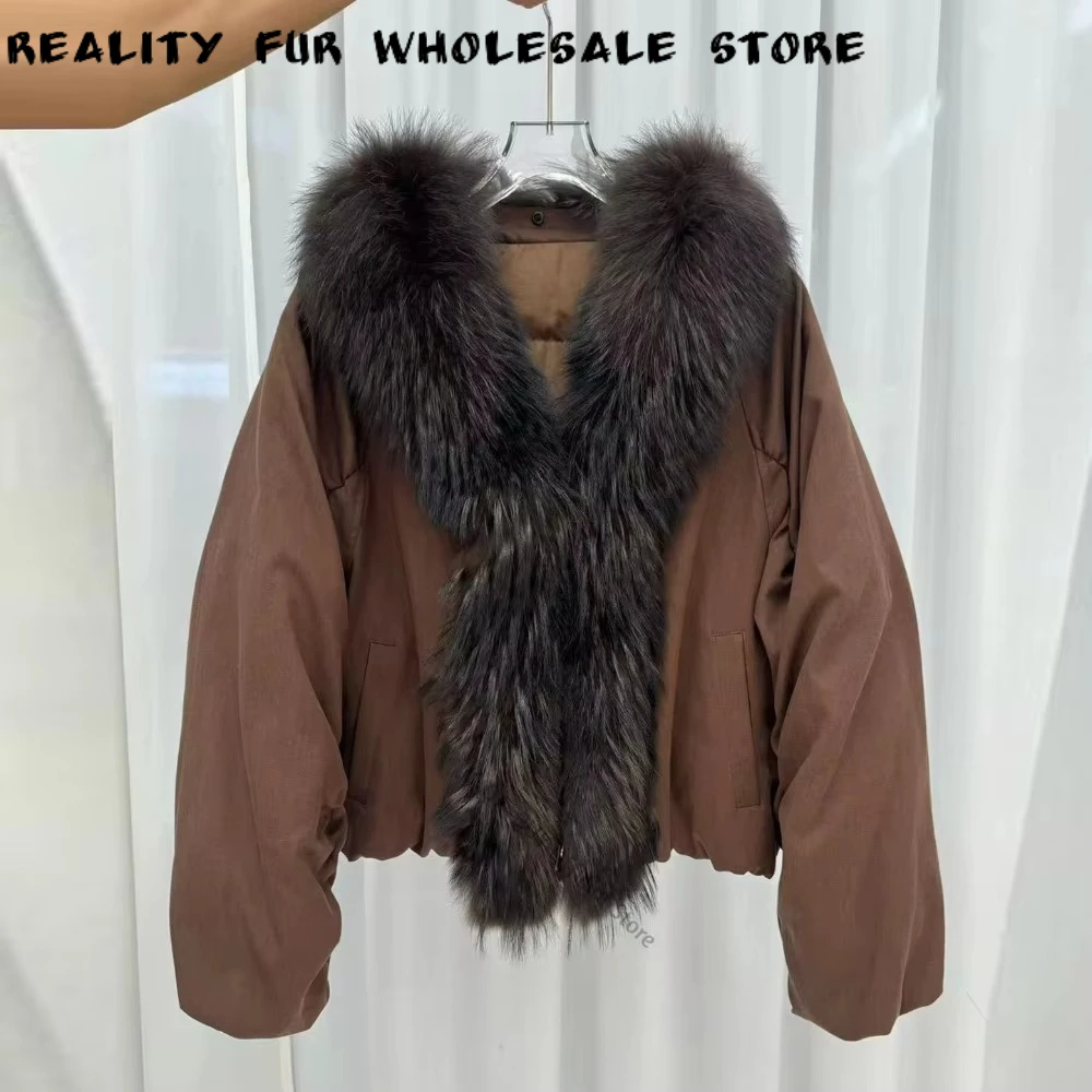 Women's Jacket with Fur Collar Cropped Goose Down Coat Oversized Commuting Wear Winter Natural Fur Jacket Urban Style Feather