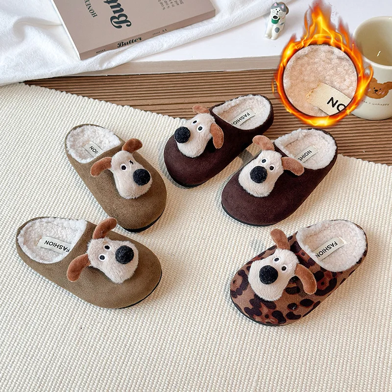 Kids Plush Slippers Dog Shape, Warm Fleece-Lined Winter House Shoes for Boys Girls, 2025 New Indoor/Outdoor (Matching Family Pai