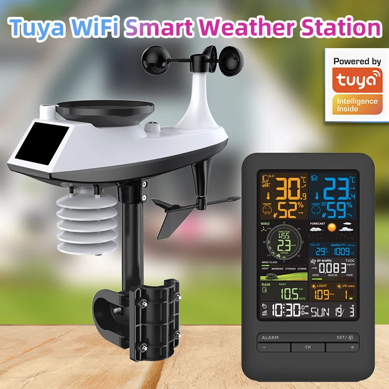 Tuya WiFi Smart Weather Station Clock Digital Temperature and Humidity Meter Wind Speed Direction Meter Color Screen Air Quality