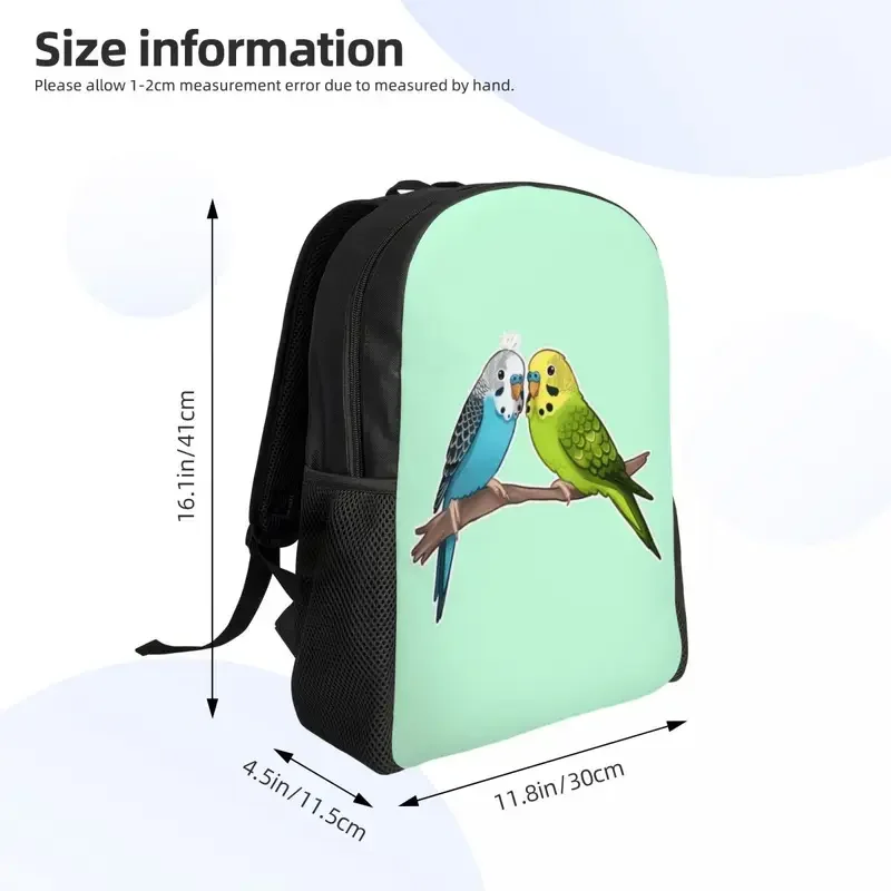 Cute Budgie Birds Mochilas para meninos e meninas, 3D Print, Papagaio, Escola, Faculdade, Bolsas de viagem, Mulheres, Homens, Bookbag Fits, 15 Polegada Laptop