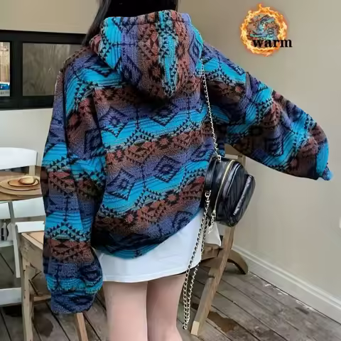 New autumn and winter women casual retro warm double-sided plush contrast plaid jacket fashionable street Harajuku hooded jacket