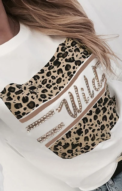 2024 Summer Spring Women Blouses Top New Style V-Shaped Collar Long Sleeves Leopard Print Pressed Diamond Casual Hoodie Pullover