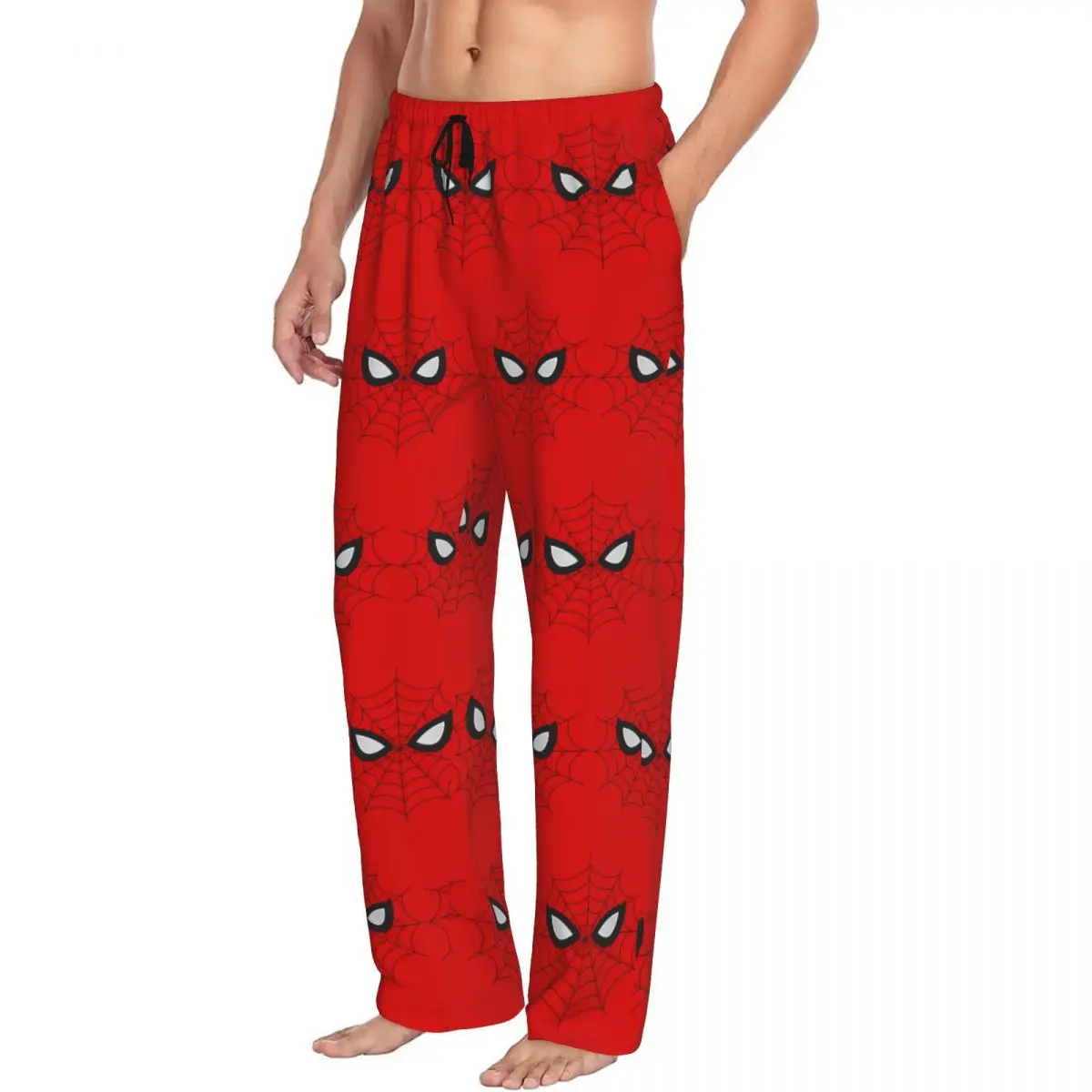 Custom Spider Red Web Pajama Pants for Men Cartoon Lounge Sleep Stretch Sleepwear Bottoms with Pockets