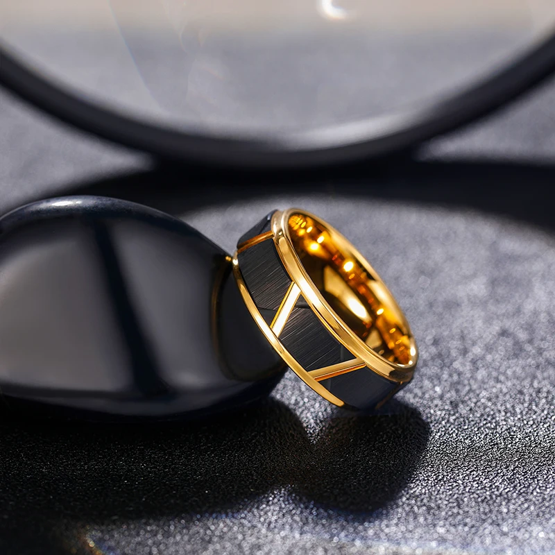 Tigrade-anillos de tungsteno para hombre, patrón de borde biselado de ranura, Color dorado y Negro cepillado, bandas de boda, anillo de compromiso,