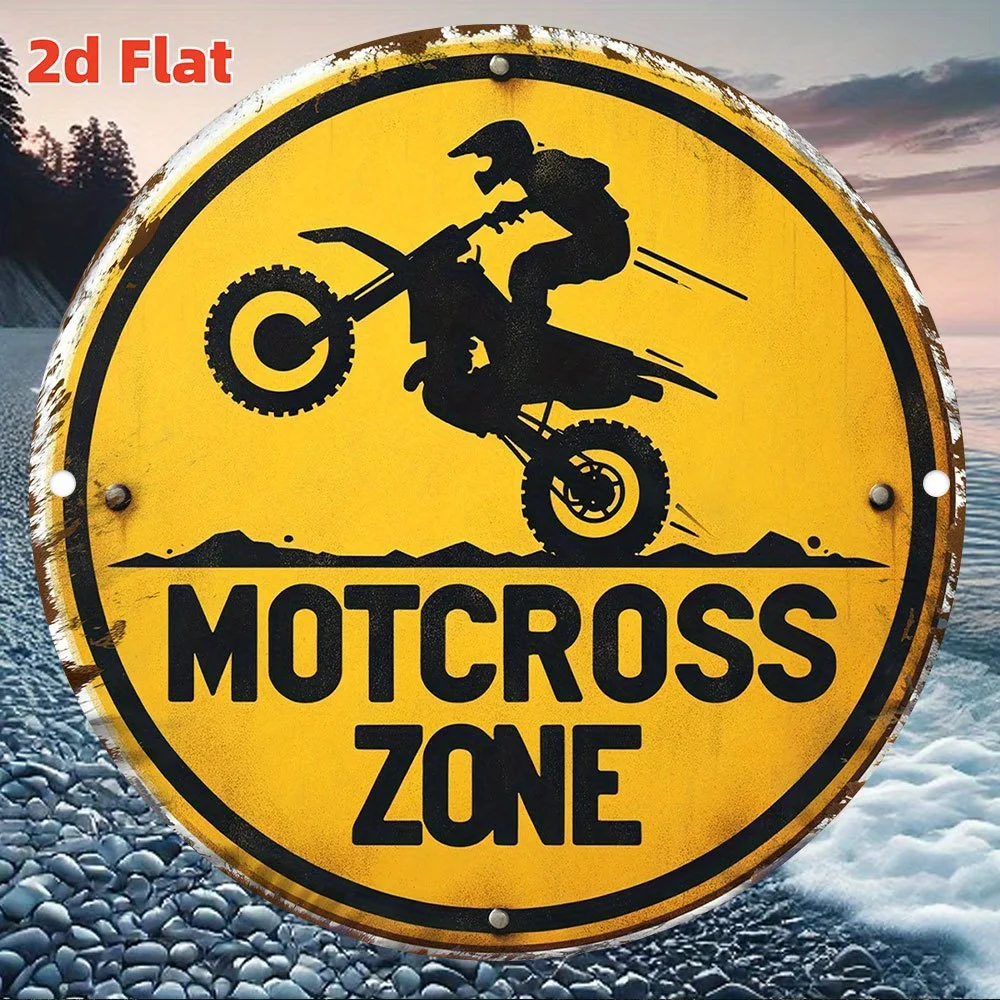 2D Flat, 1pc Motocross Zone Metal Sign - Vintage Dirt Bike Rider & Off-Road Design, Waterproof & Dustproof Metal  Wall Decor