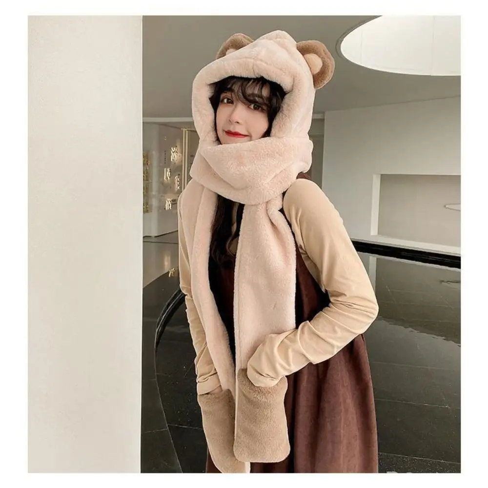 New Cartoon Bears Ears Hat Windproof Warm Winter Hooded Scarf Soft Hat Scarf Gloves Set Women