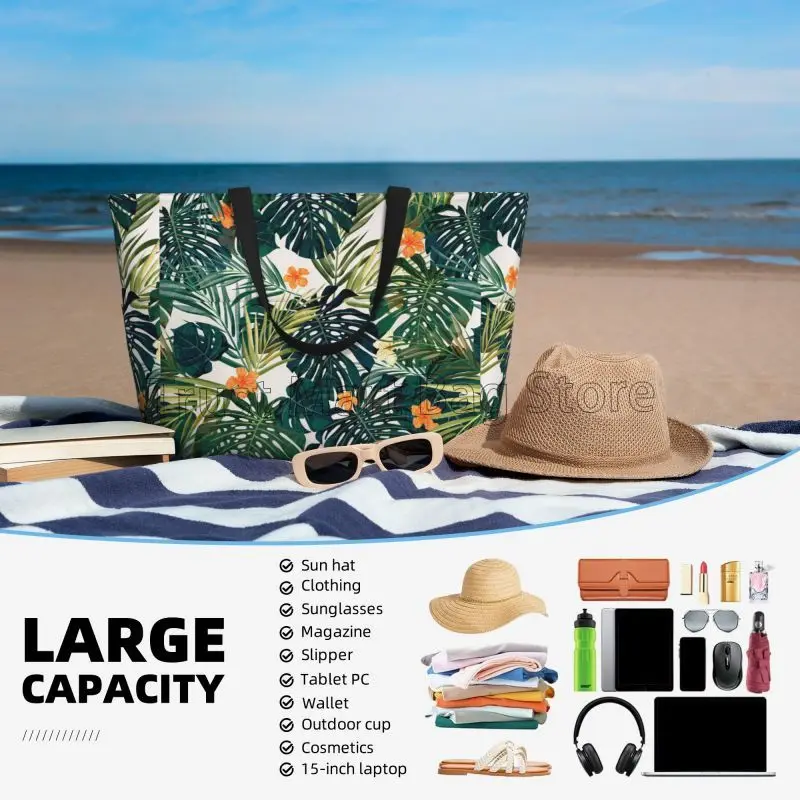 Tropical Green Leaves and Flowers Beach Bag for Women Travel Tote Bags with Pockets Large Beach Pool Bag for Swim Gym Vacation