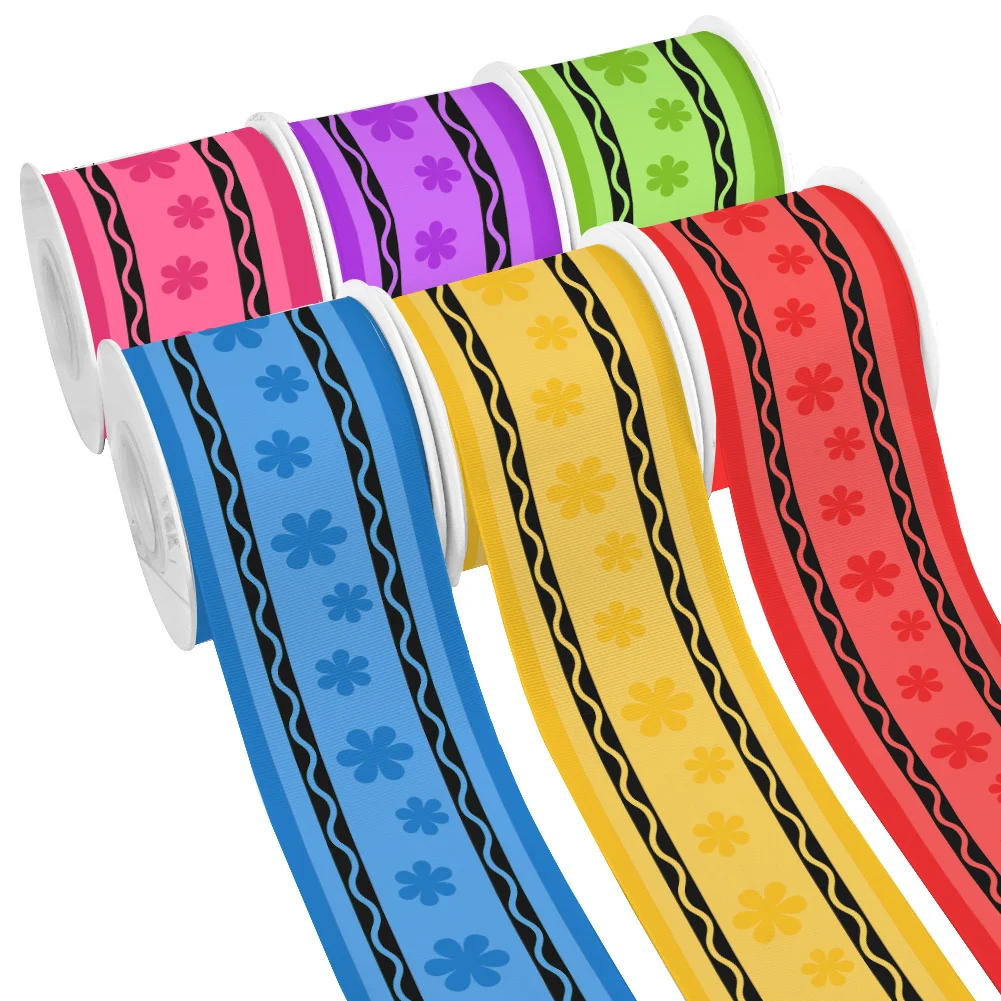 Cartoon School Crayon Colors 5yards Campus Printed Grosgrain Ribbon for Cheer Bows DIY Girl Headwear Hair Bows Satin Ribbon
