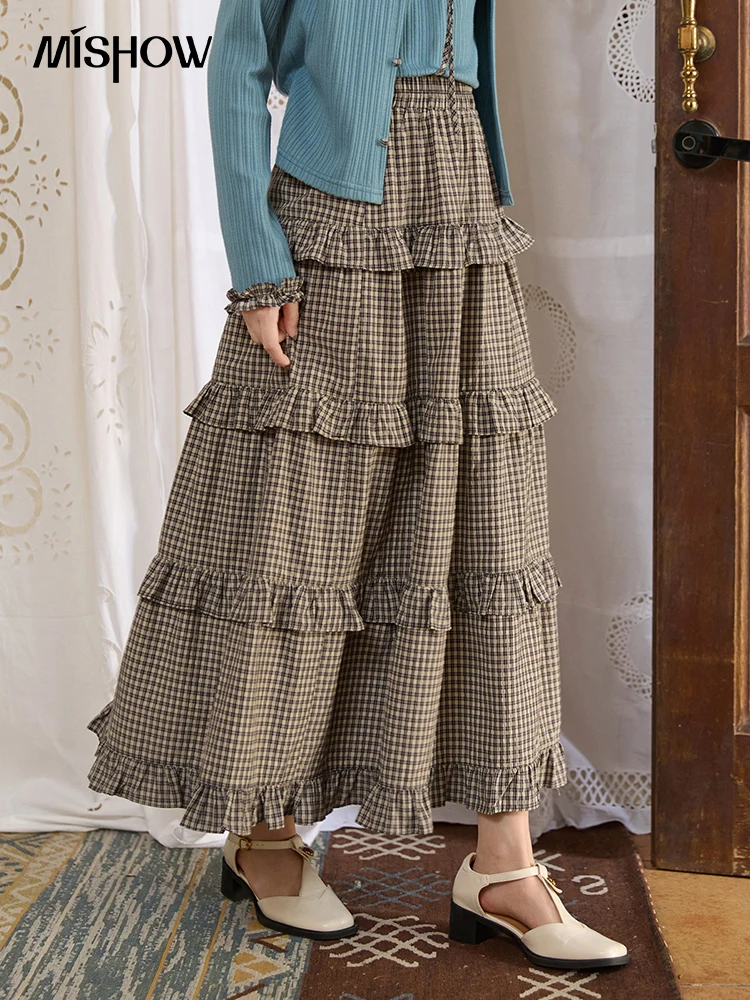 

MISHOW Grey Plaid Ruffled Half Skirt for Women Autumn 2025 Retro Cake Skirt Elastic Waist Long Skirts Office Lady MXE44B2406