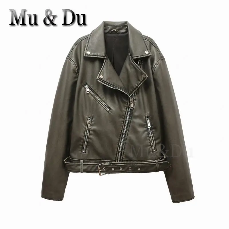 Mu&Du New 2024 Autumn Vintage Faux Leather Jacket Women\'s Zip Belt Pu Motorcycle Jackets Female Casual Loose Coats Outwear Mujer