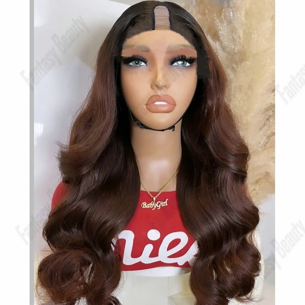 

Красновато-коричневый парик омбре 1x4 с U-образной частью, из натуральных волос, с лёгкой волной, регулируемый, полностью машинной работы, без клея, V-образный парик для чернокожих женщин