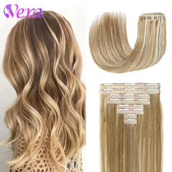 Straight Clip In Hair Extensions 8pcs With 18 Clips Real Human Hair Clip Ins Double Weft #8/613 Ash Brown Mix Bleach Blonde Hair